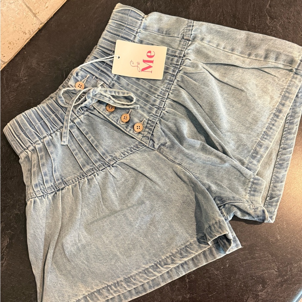 Light Blue Denim Paperbag Shorts